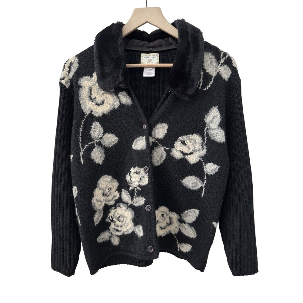 Susan Bristol Cardigan PL Black Floral Rose Faux Fur Collar Vintage‎ 1998 90s